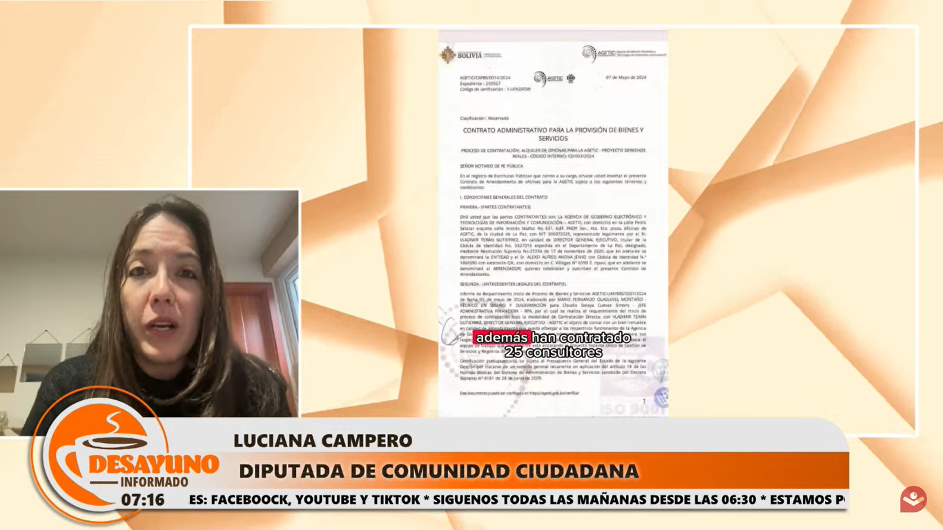 AGETIC: Luciana Campero alerta que se gastaron 700.000 bolivianos que ahora se deben devolver