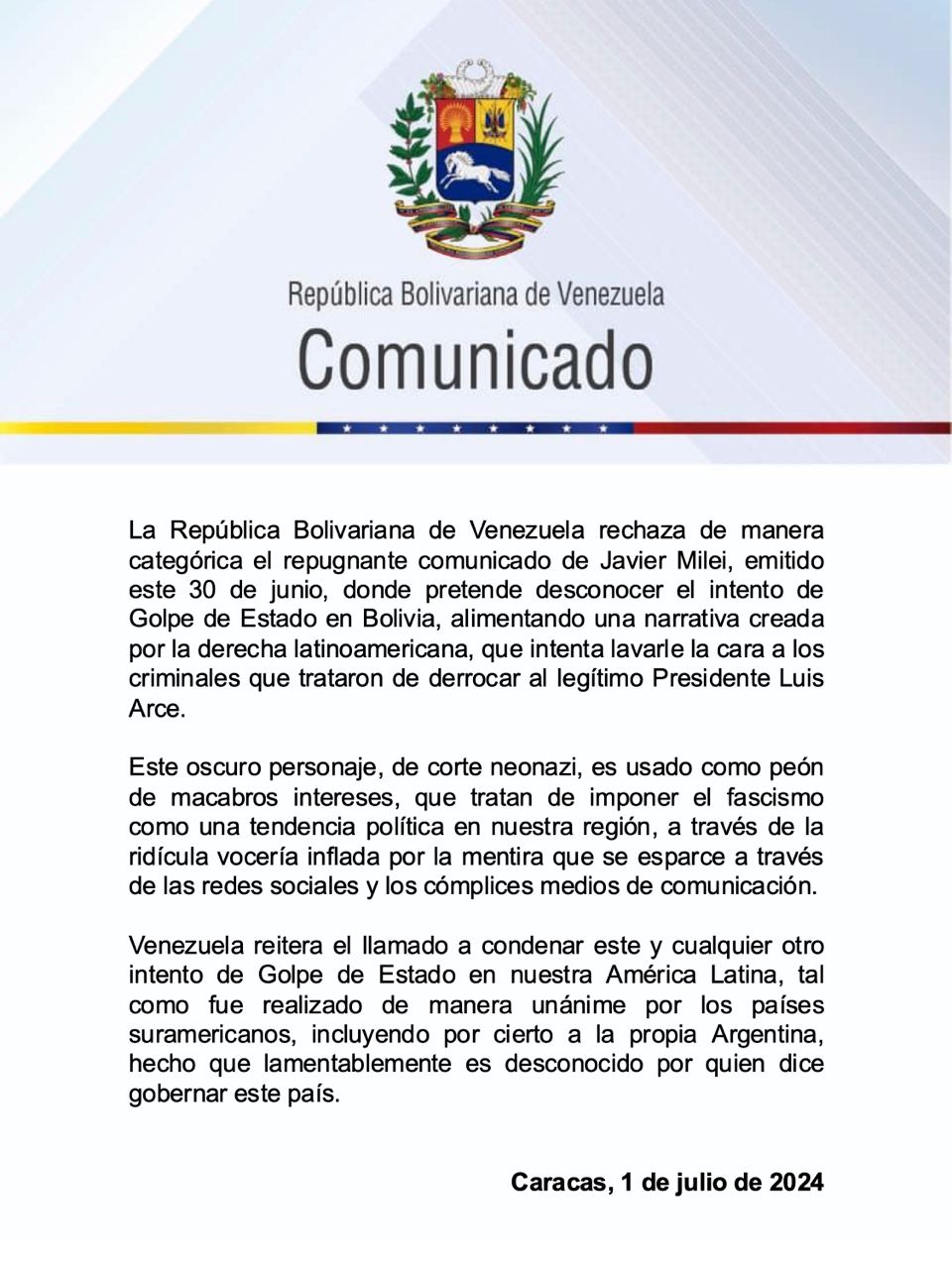 Maduro cuestiona la “repugnante” reacción de Milei al “golpe fallido” en Bolivia