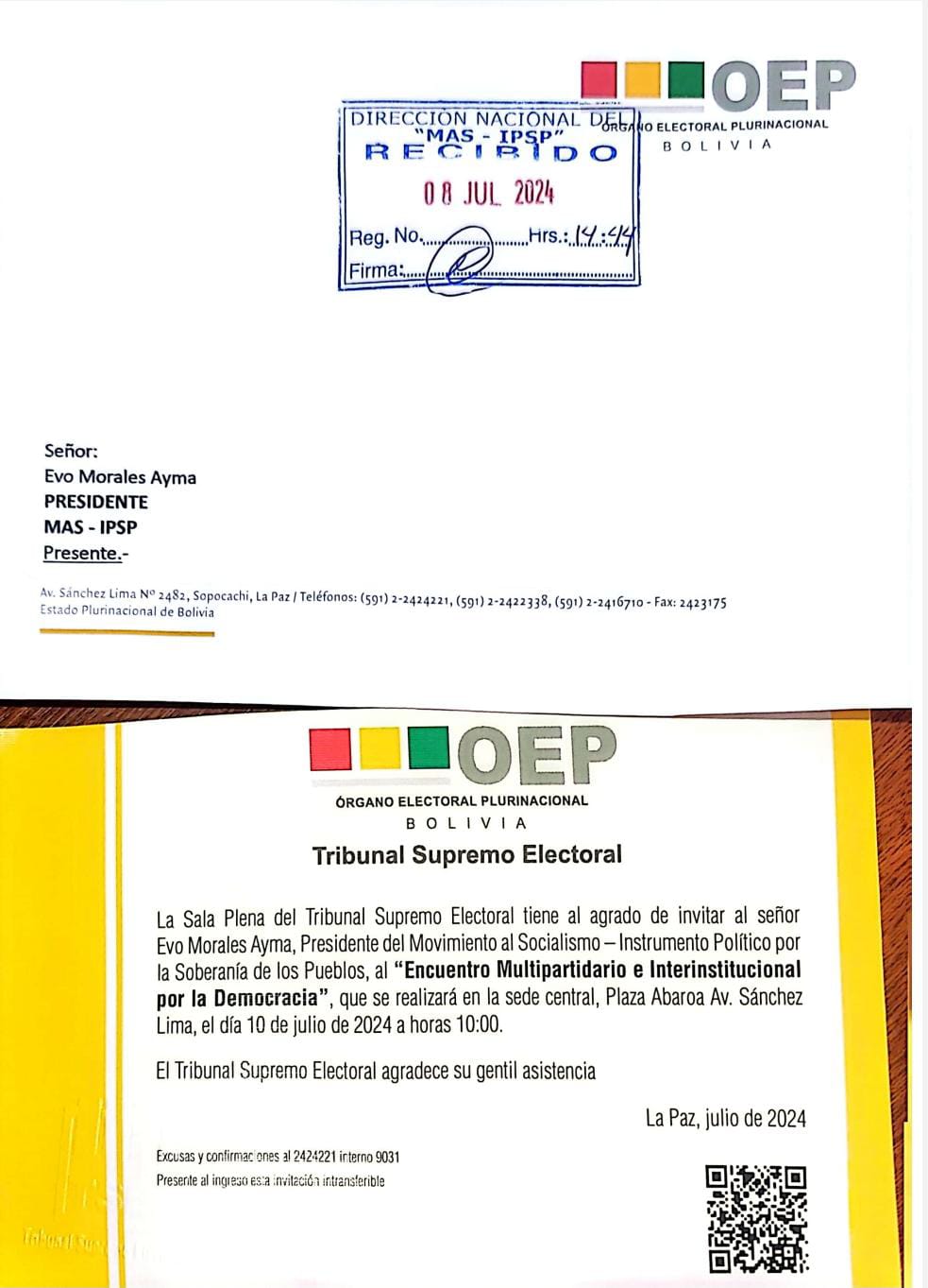 TSE envía carta de invitación a Evo Morales para el Encuentro por la Democracia