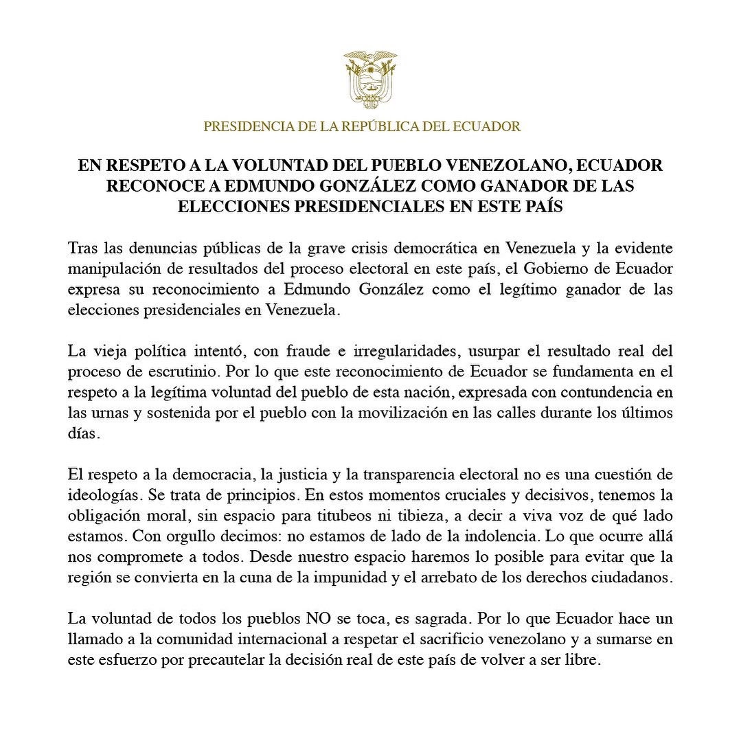 Gobierno de Ecuador reconoce a Edmundo González Urrutia como presidente electo de Venezuela