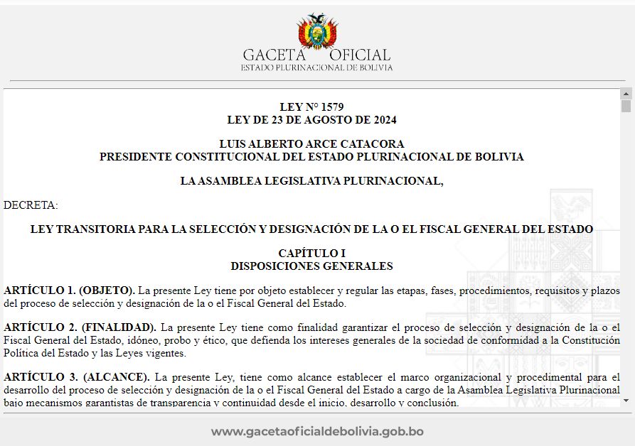 Arce promulga Ley que da inicio al proceso de elección del nuevo Fiscal General del Estado