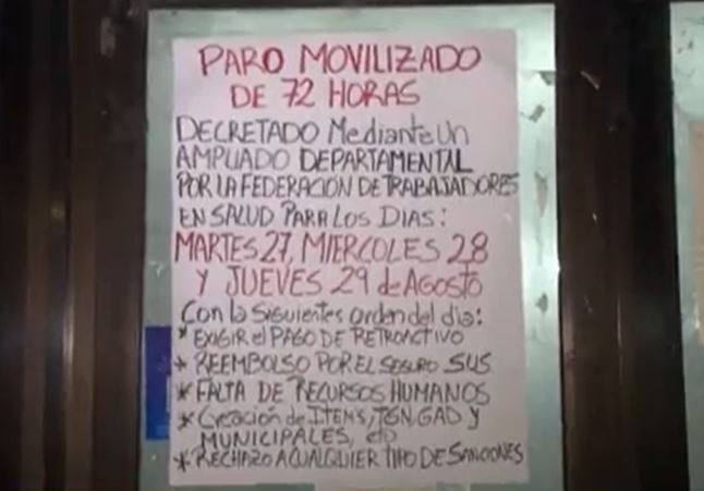 Trabajadores de salud declaran paro de 72 Horas en Santa Cruz