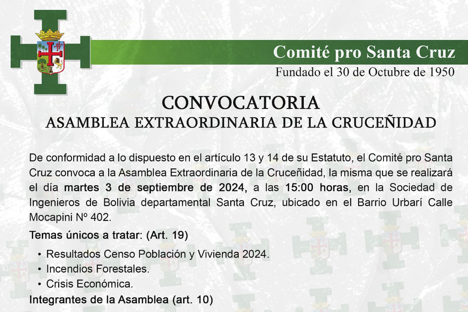 Asamblea decisiva en Santa Cruz: Censo 2024, incendios y crisis económica en la agenda