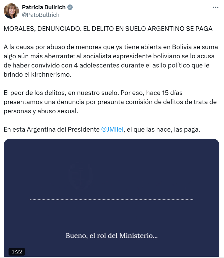 Patricia Bullrich confirma denuncia contra Evo Morales en Argentina por trata de personas y abuso sexual