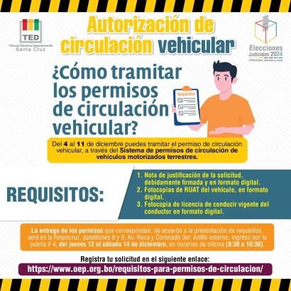 TED Santa Cruz recibirá solicitudes de permiso de circulación vehicular hasta el 11 de diciembre