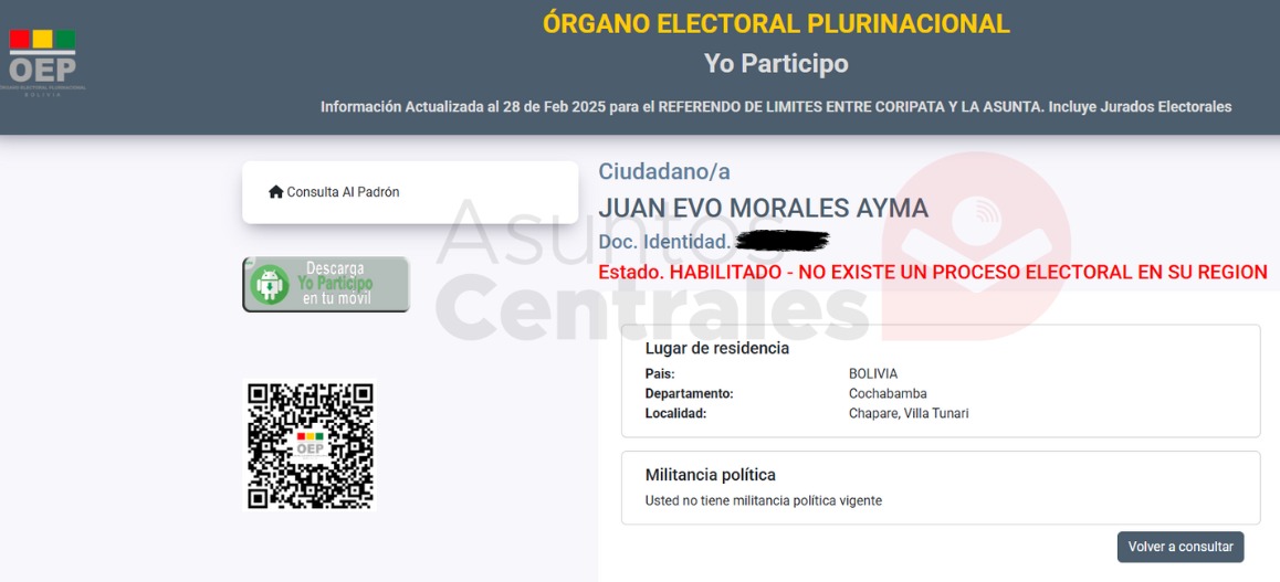 Tribunal Supremo Electoral acepta la renuncia de Evo Morales al MAS-IPSP