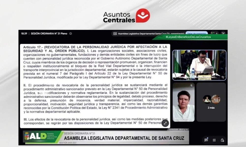 Sesión de la Asamblea Legislativa Departamental de Santa Cruz durante el debate de la Ley Antibloqueos