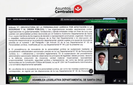 Sesión de la Asamblea Legislativa Departamental de Santa Cruz durante el debate de la Ley Antibloqueos