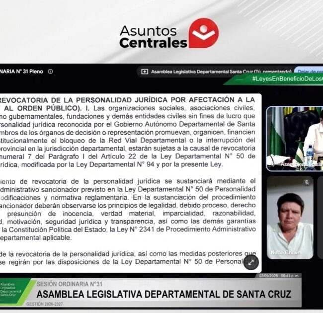 Sesión de la Asamblea Legislativa Departamental de Santa Cruz durante el debate de la Ley Antibloqueos